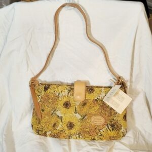 Tapestry N Leather Handbag from Norway NWT 12"x7" Sunflower Yellow/Gold